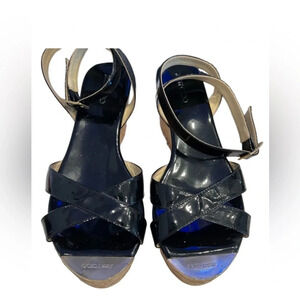 Jimmy Choo Black Patent Leather Cork Wedge Platform Ankle Strap Sandal